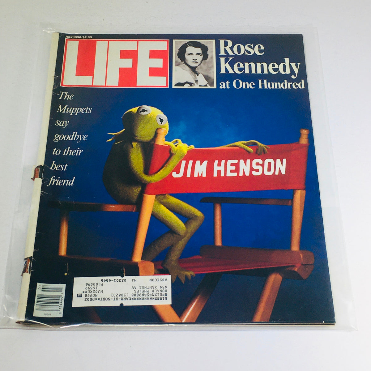 Vintage Life Magazine from July 1990 featuring cover stories on Rose Kennedy at One Hundred and Jim Henson. The cover showcases Kermit the Frog seated in a director's chair with the name Jim Henson, highlighting the nostalgic celebration of both icons.