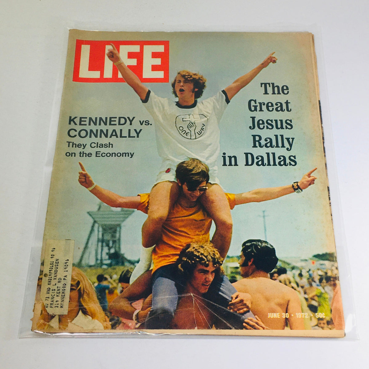 Vintage Life Magazine cover from June 30, 1972, featuring 'Kennedy vs. Connally: They Clash on the Economy' with an image of young adults at a rally.
