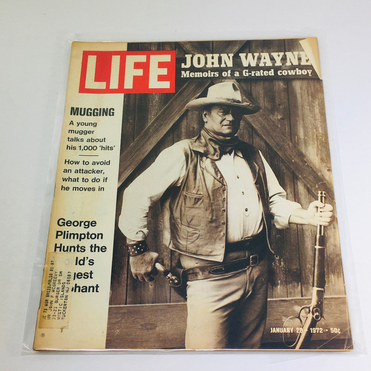 Cover of VTG Life Magazine from January 28, 1972 featuring John Wayne, titled 'Memoirs of a G-rated Cowboy', showcasing a classic image of Wayne in cowboy attire.