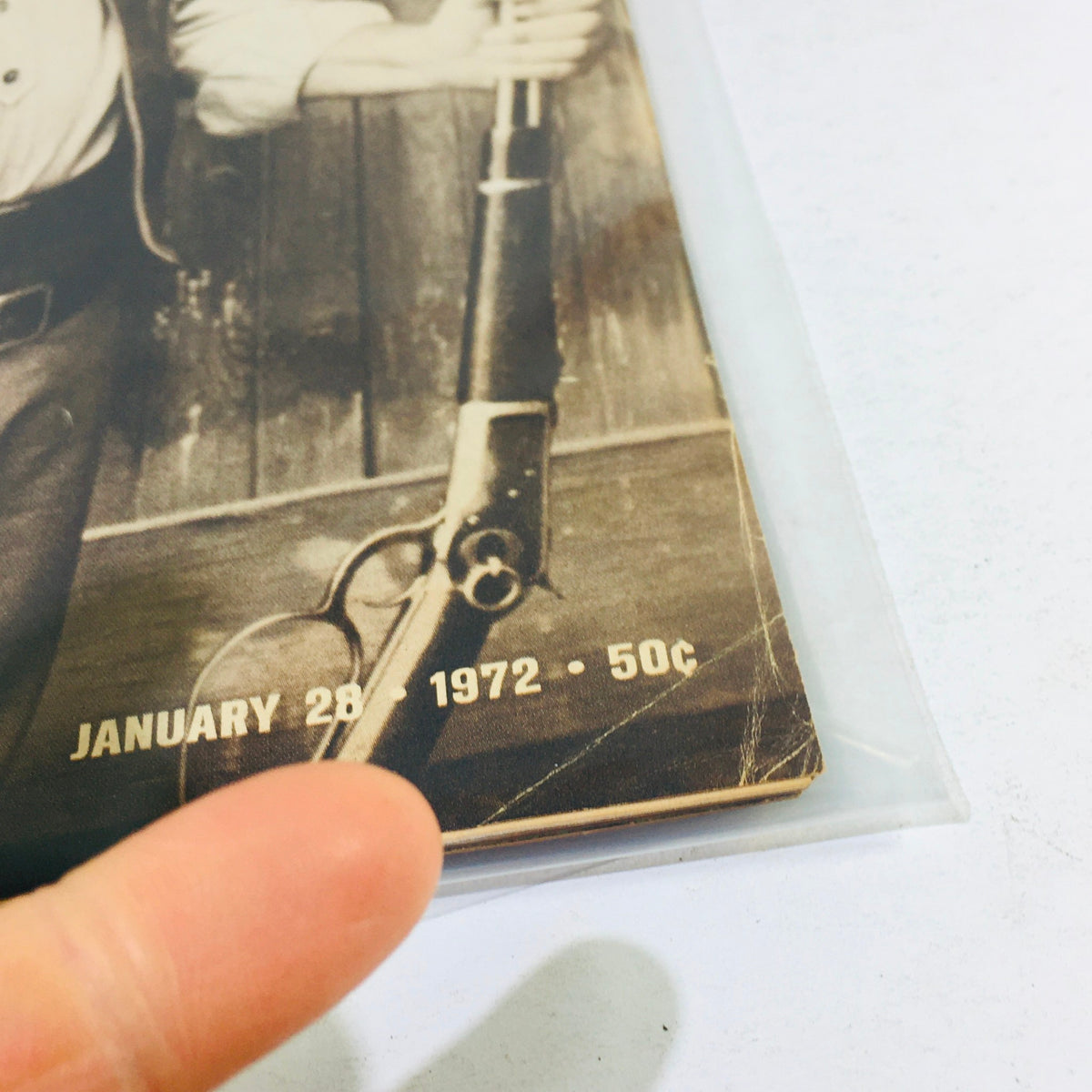 Close-up of the January 28, 1972 date and price on the VTG Life Magazine cover featuring John Wayne, emphasizing the publication details and vintage appeal.