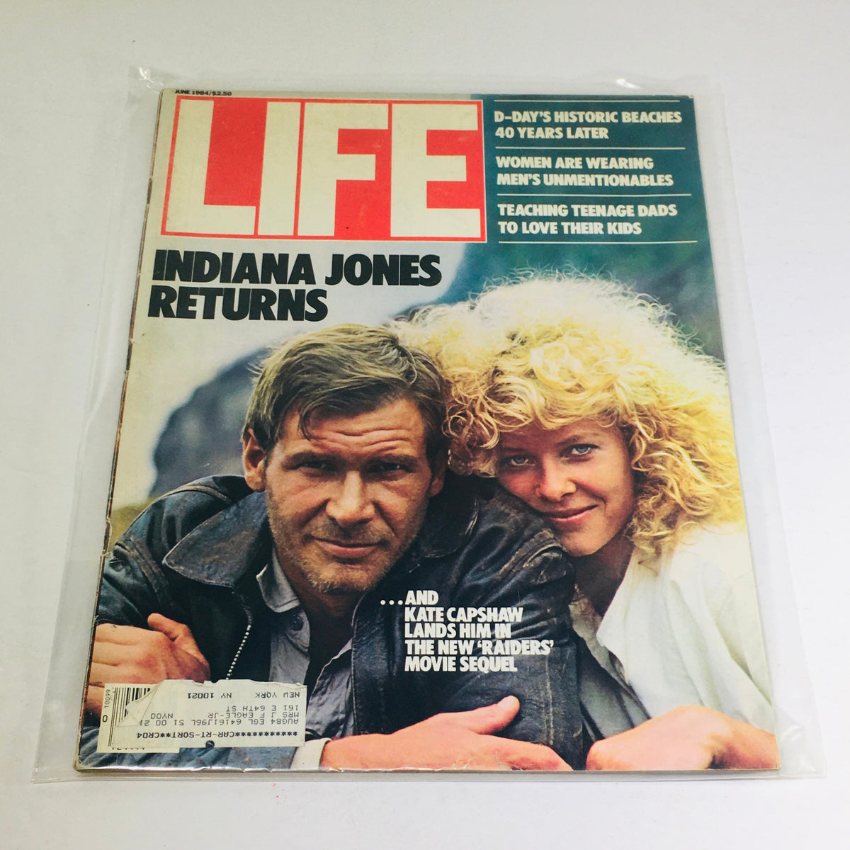 Cover of Life Magazine from June 1984 featuring the title 'Indiana Jones Returns' with an image of a man and a woman, reflecting 1980s pop culture and adventure themes.