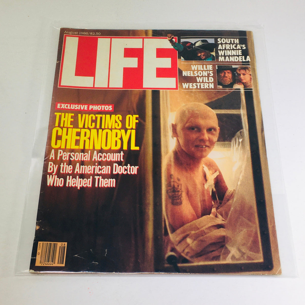 Cover of VTG Life Magazine August 1986 featuring the headline 'The Victims of Chernobyl', alongside images of Winnie Mandela and Willie Nelson. The magazine highlights significant historical narratives and cultural events from that era.