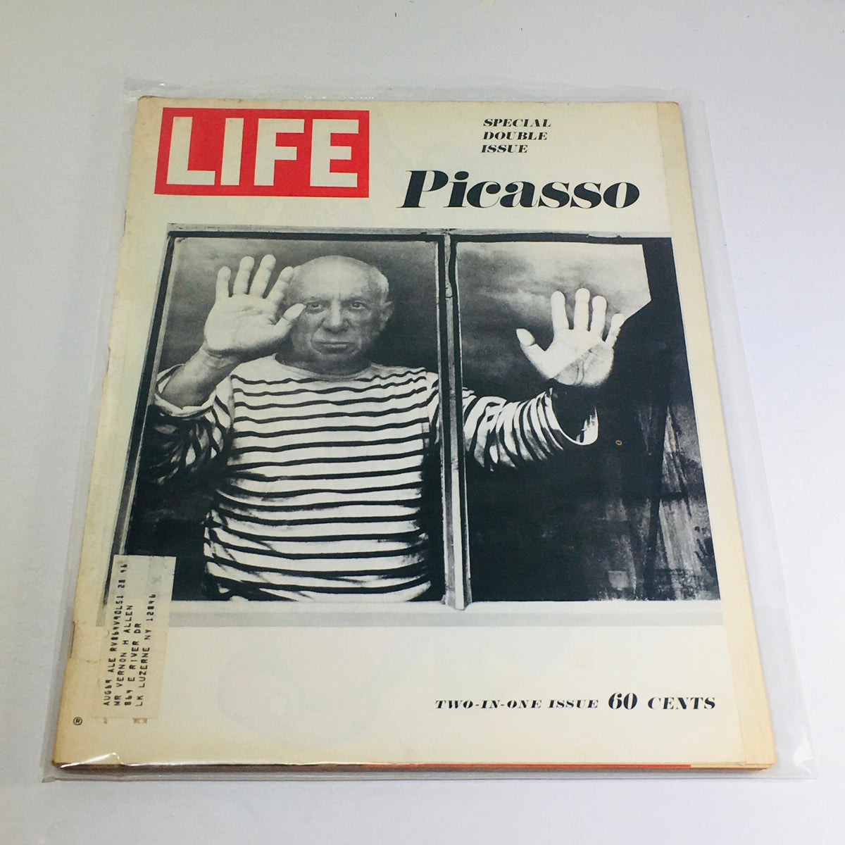 VTG Life Magazine Cover from December 27, 1968, featuring a portrait of Pablo Picasso with a striped shirt, highlighting the special double issue dedicated to Picasso and Guernico.