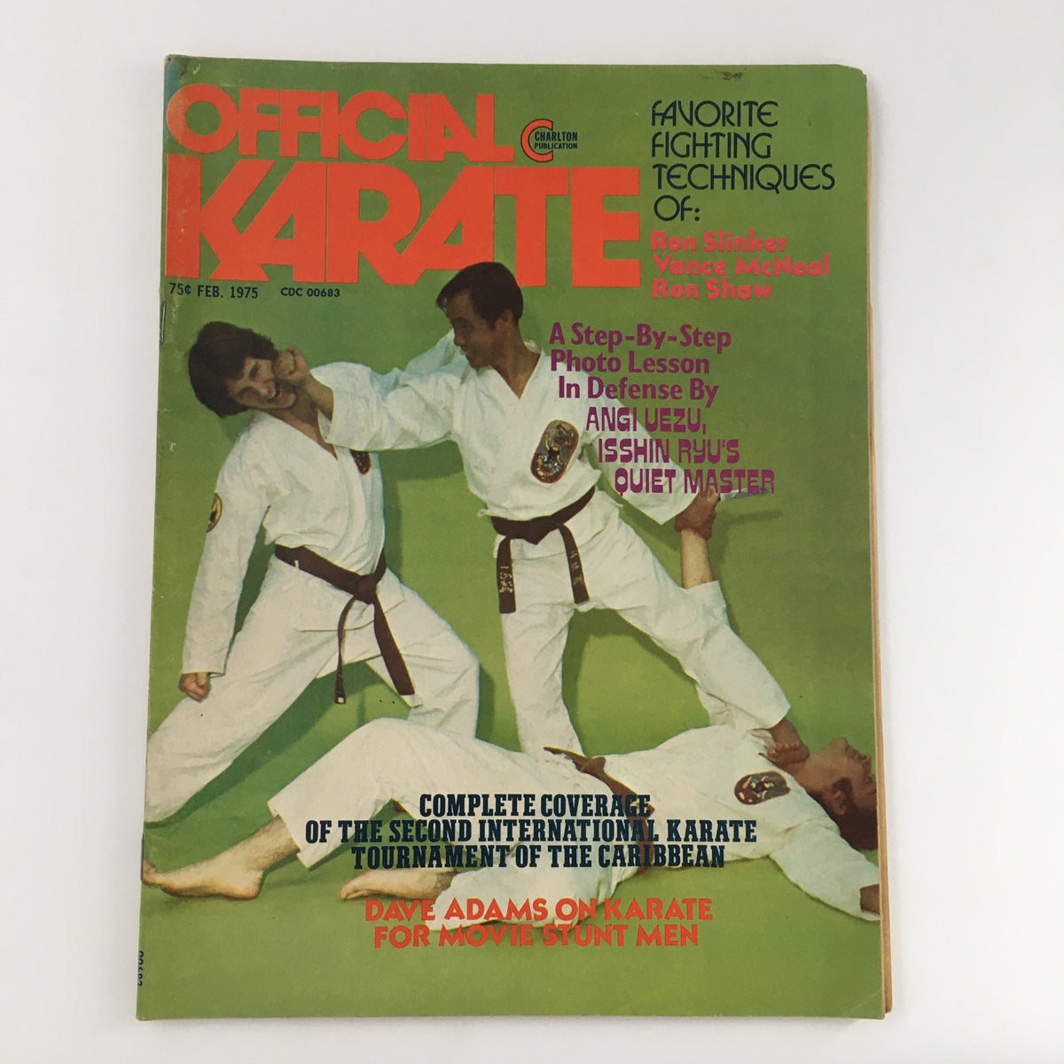 Official Karate Magazine February 1975 Vol 7 #44 featuring Angi Uezu showcasing karate techniques on the cover, illustrating martial arts history and culture.