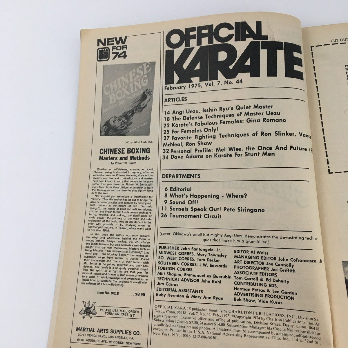 Official Karate Magazine February 1975 Vol 7 #44 showcasing the table of contents with articles on karate techniques, including Angi Uezu and female martial artists.