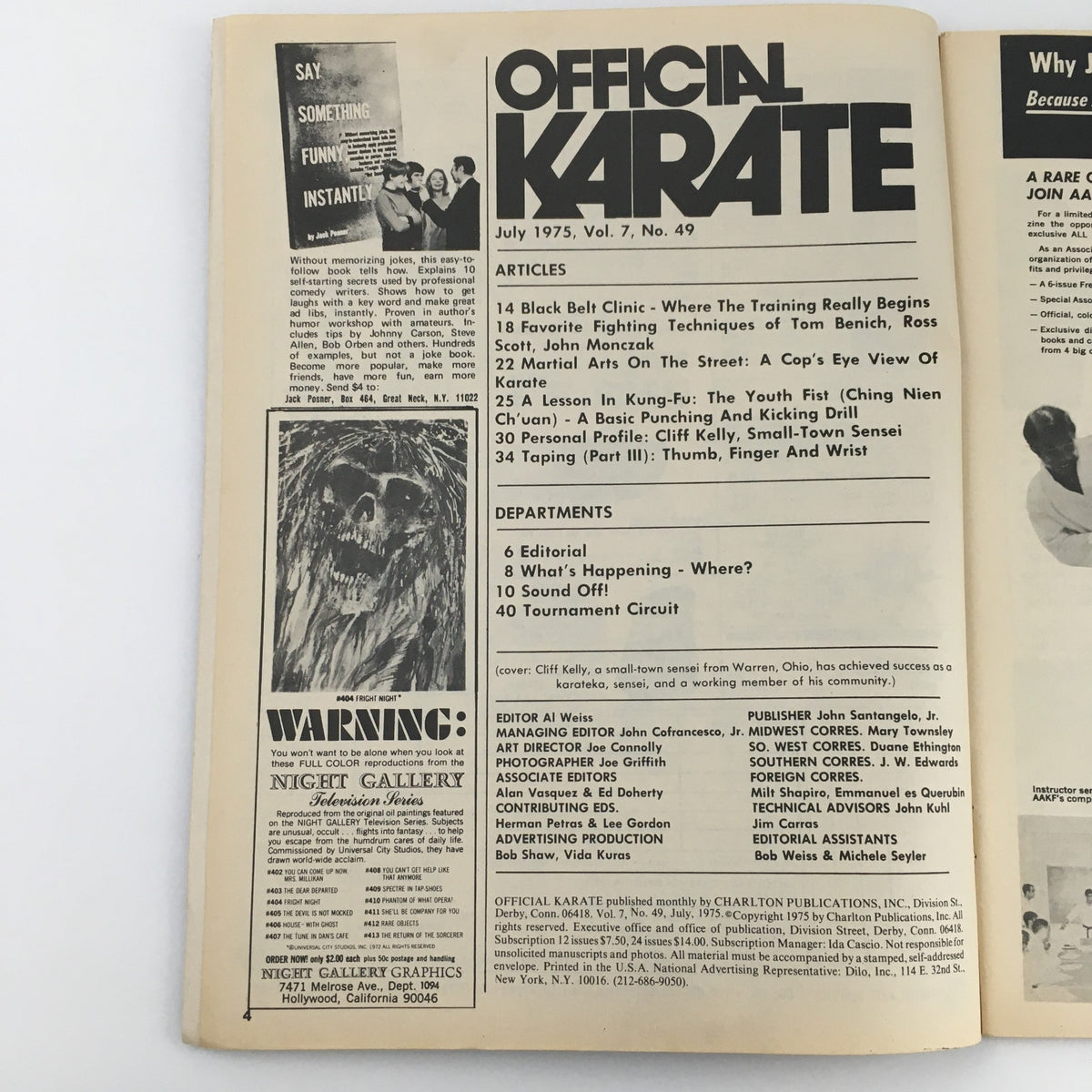 Cover of Official Karate Magazine, July 1975, Vol 7 #49 featuring articles on karate training, a highlight on Sensei Cliff Kelly, and details about the magazine's editorial sections.