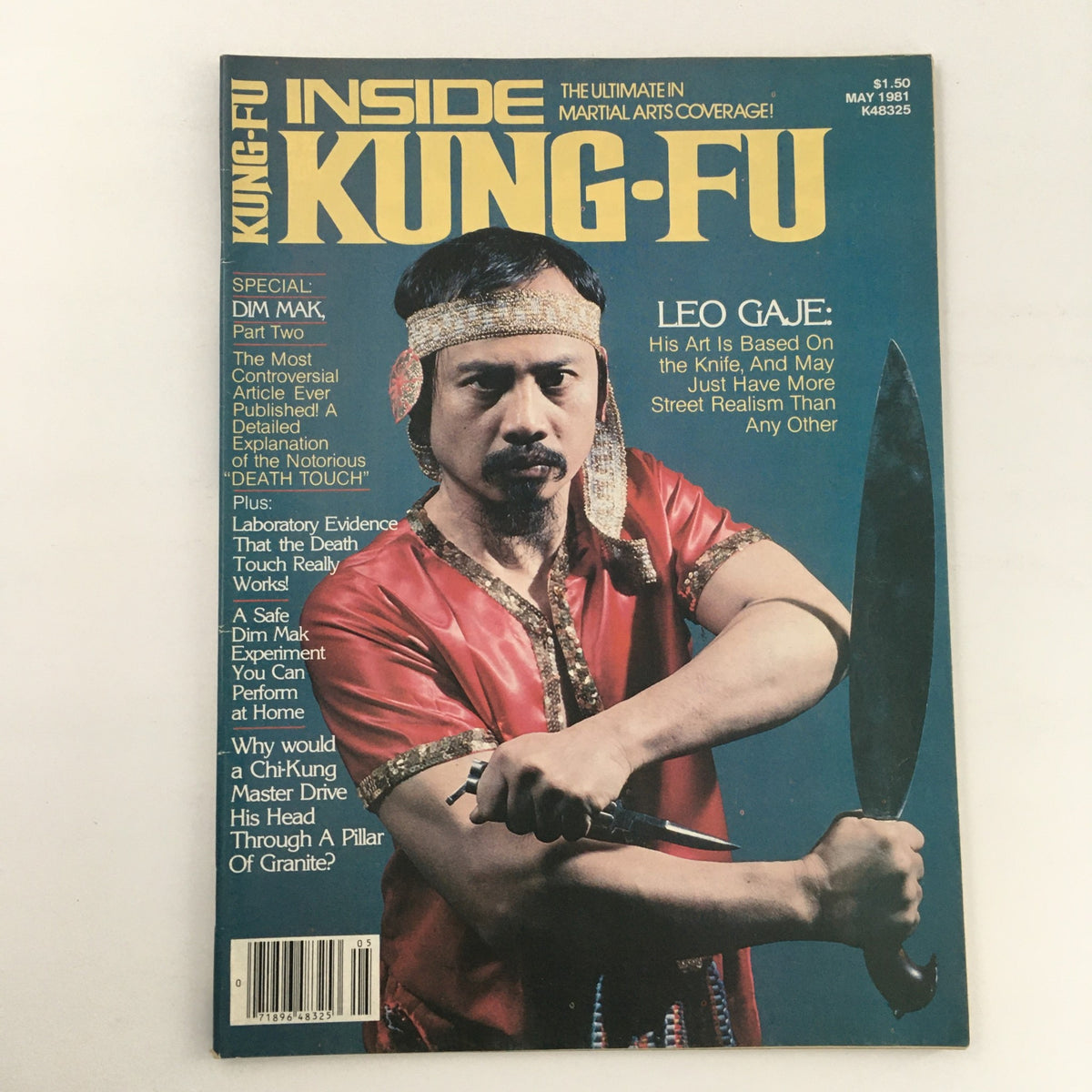 Cover of Inside Kung-Fu Magazine May 1981 Vol 7 #5 featuring Leo Gaje, highlighting his knife art techniques and martial arts culture.