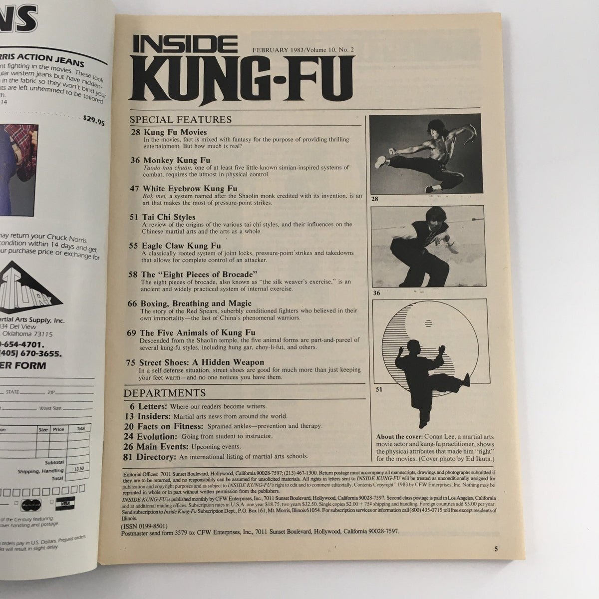 Interior page of Inside Kung-Fu Magazine February 1983 Vol 10 #2 displaying table of contents listing features about various Kung Fu styles and techniques, including articles on Tai Chi styles and the five animals of Shaolin.