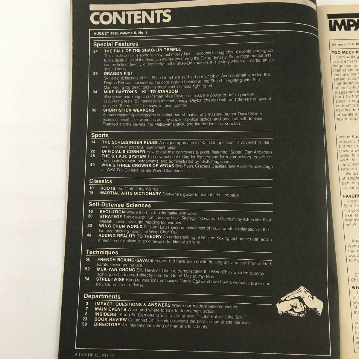 Contents page of Inside Kung-Fu Magazine August 1980, Volume 6 Issue 8 detailing articles and features including Mike Dayton's 'Ki' to Stardom.