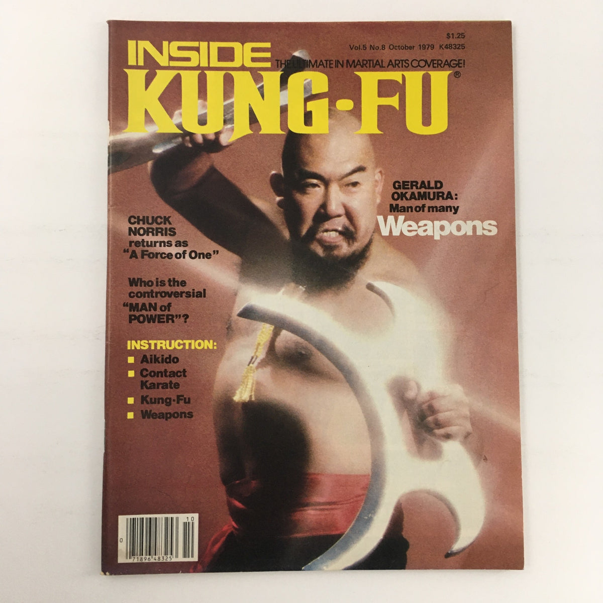 Cover of Inside Kung-Fu Magazine October 1979 Vol 5 #8 featuring Gerald Okamura showcasing his skills with a weapon and Chuck Norris mentioned as "A Force of One". The magazine includes sections on Aikido, Contact Karate, Kung-Fu, and Weapons.