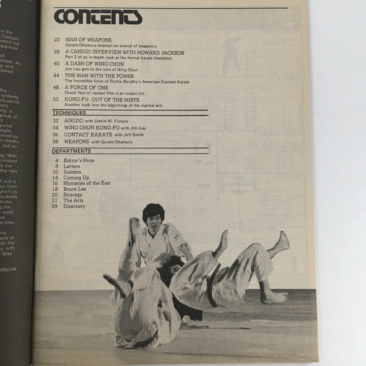 Inside Kung-Fu Magazine October 1979 Vol 5 #8 contents page featuring articles on various martial arts techniques, including Aikido, Wing Chun Kung-Fu, and a candid interview with Howard Jackson, alongside a featured section on Gerald Okamura.