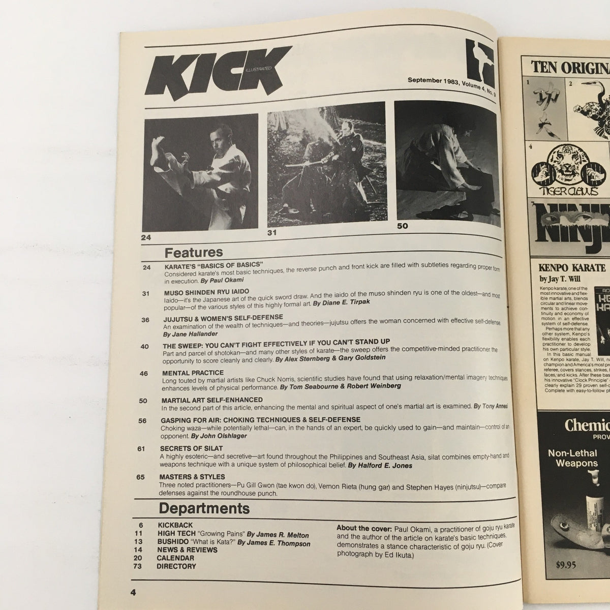 Kick Illustrated Magazine September 1983, Vol 4 #9, featuring the contents page with articles on Goju Ryu Karate, self-defense techniques, and martial arts culture, including a piece by Paul Okami.
