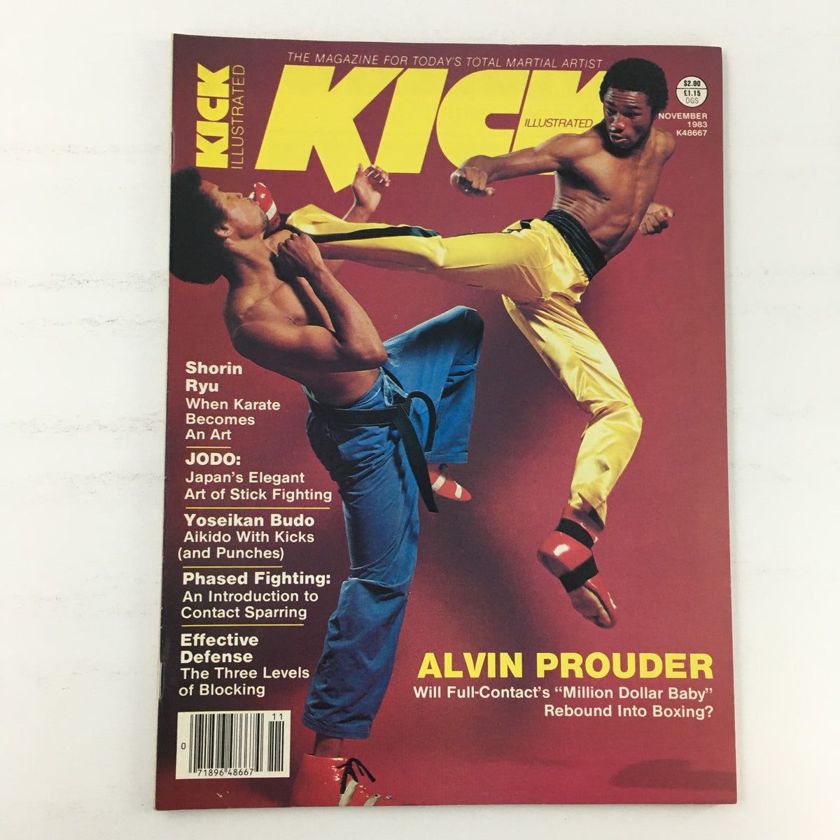 Cover of Kick Illustrated Magazine November 1983 Vol 4 #83 featuring Alvin Prouder and Dexter Brooks demonstrating martial arts techniques.