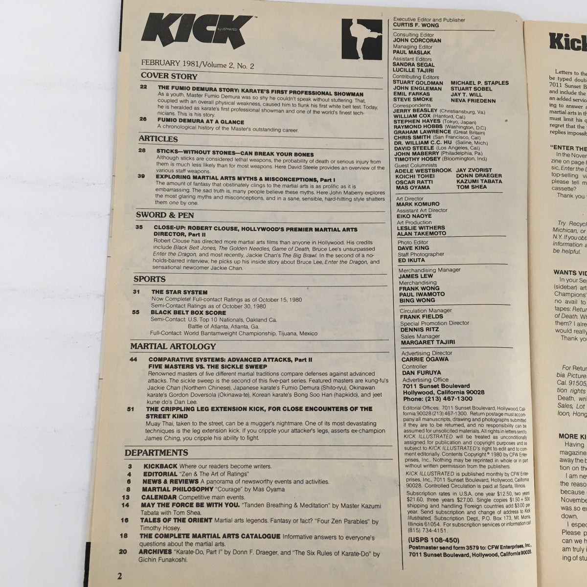 Inside page of Kick Illustrated Magazine February 1981 Vol 2 #2 showcasing articles and topics related to martial arts and Fumio Demura.