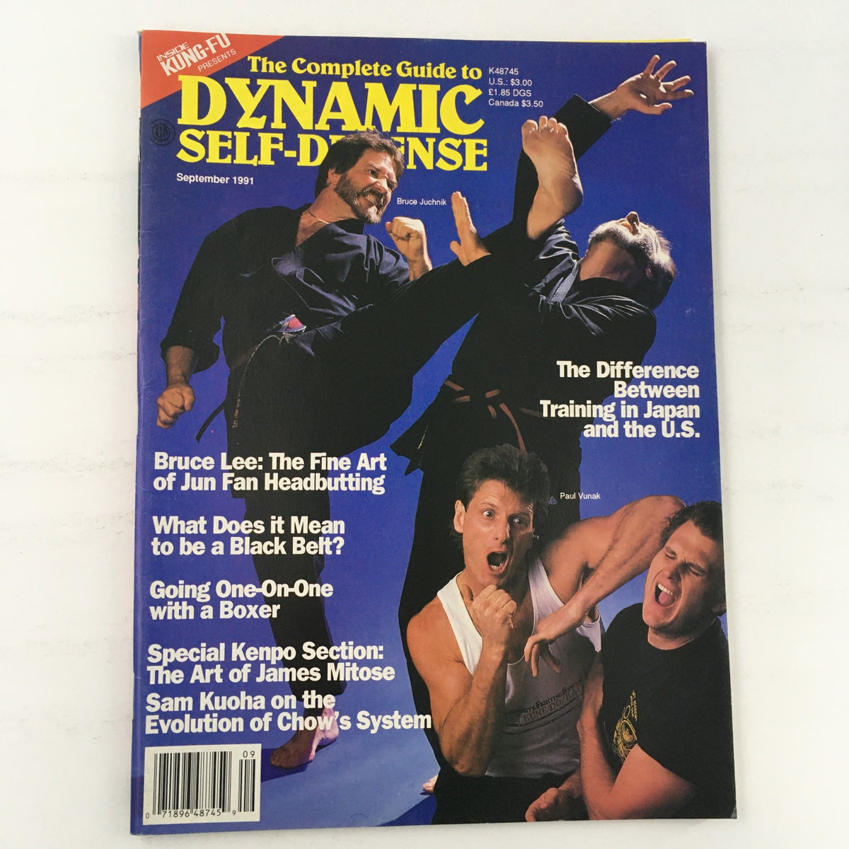 Cover of 'The Complete Guide to Dynamic Self Defense' September 1991, featuring martial arts action and articles on Jun Fan Headbutting, karate training, and more.
