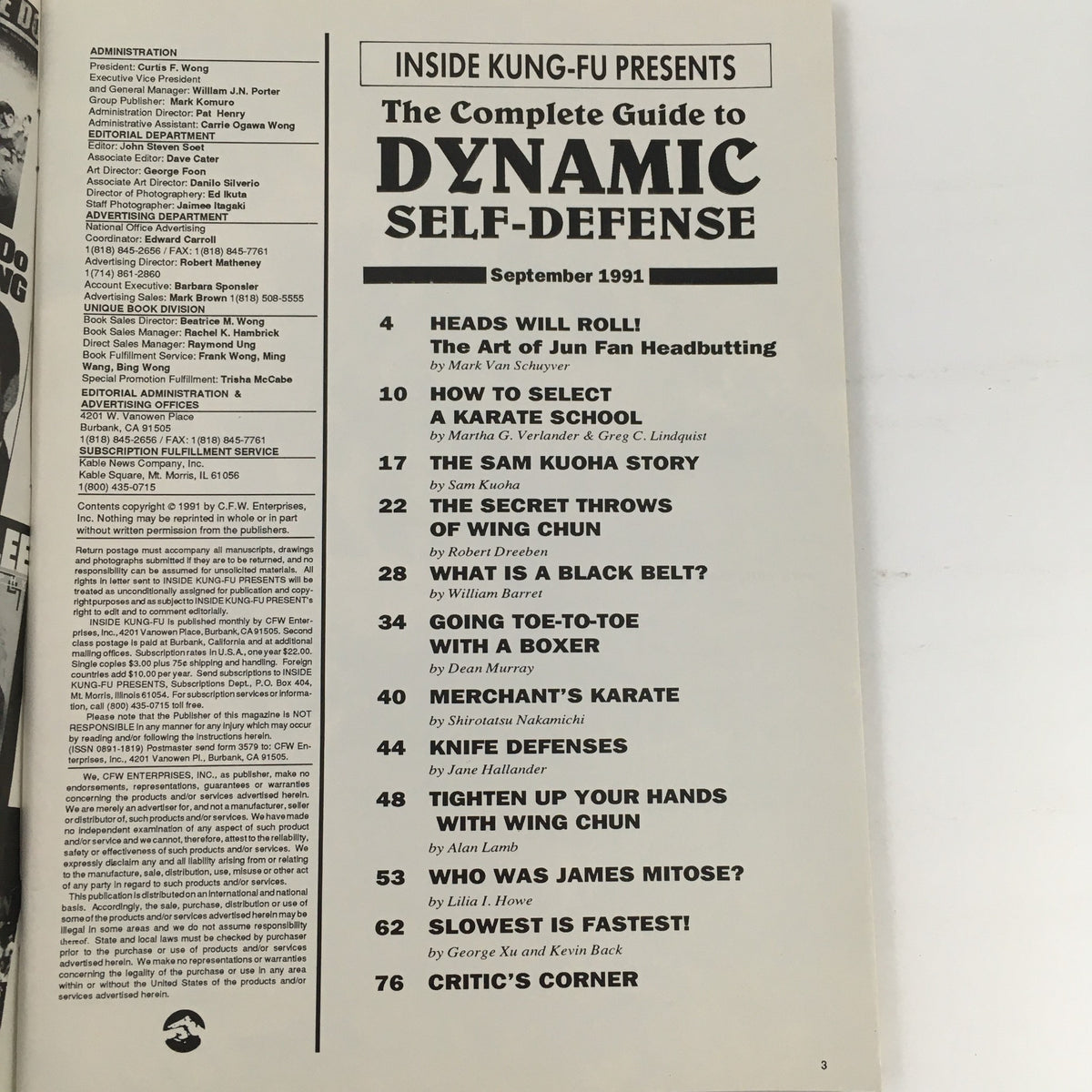 Inside page of 'The Complete Guide to Dynamic Self Defense' September 1991, detailing the magazine's articles on self-defense techniques and martial arts training.