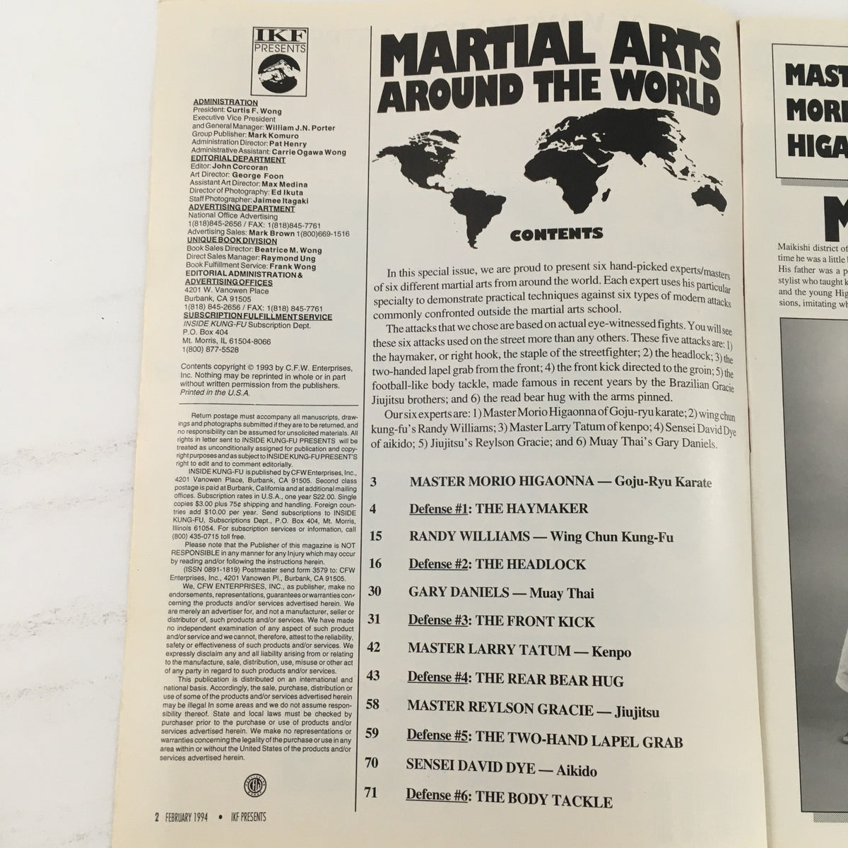 Contents page of Martial Arts Around The World February 1994, detailing featured articles and martial arts techniques by prominent experts including Reylson Gracie and Gary Daniels.
