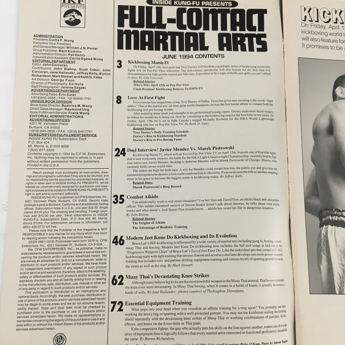 Contents page of Full Contact Martial Arts Magazine June 1994, detailing articles including interviews, training techniques, and martial arts features.