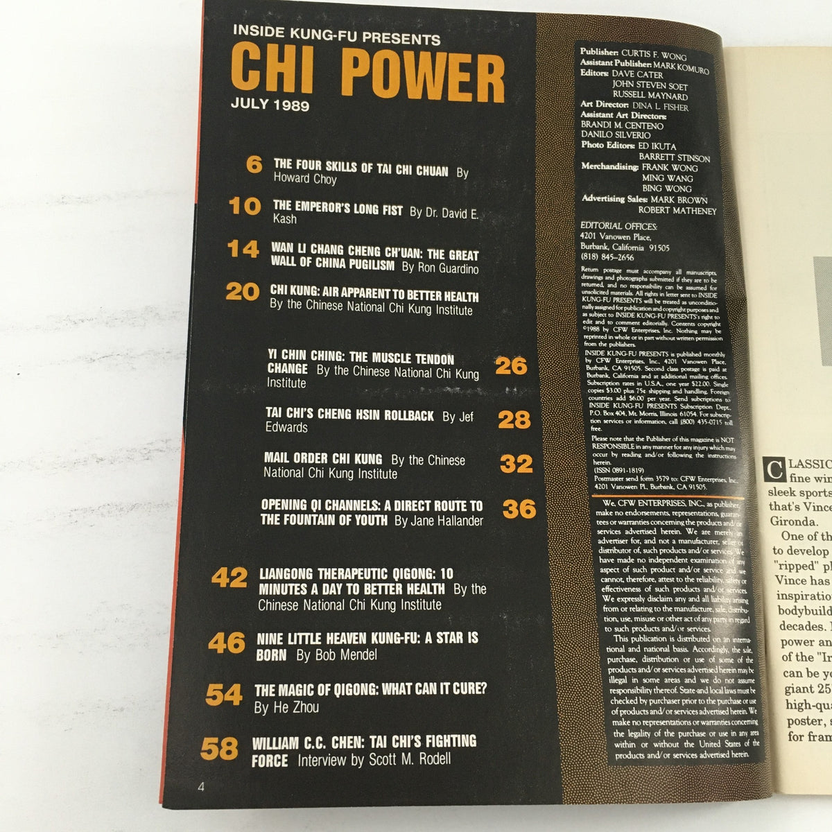 Table of contents from Inside Kung-Fu Chi Power Magazine July 1989 showcasing articles including 'The Four Skills of Tai Chi Chuan' and 'The Emperor's Long Fist' with page numbers and contributors listed.