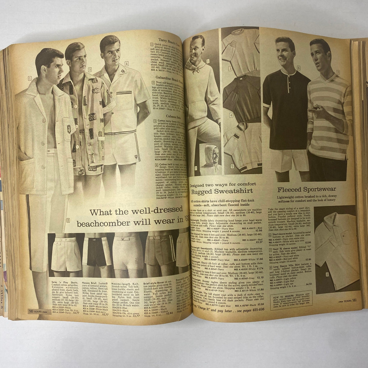 1963 Sears Classic Spring and Summer Catalog highlighting beachwear options for men, with models wearing casual and stylish summer apparel perfect for vacations.