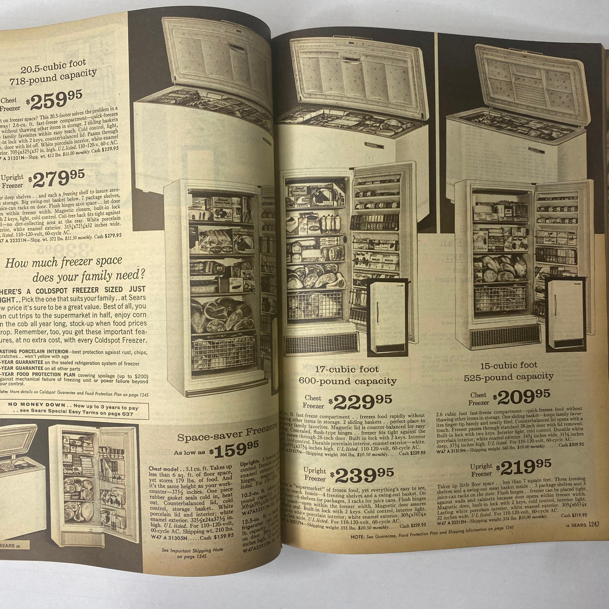Interior page from the 1963 Sears Classic Spring and Summer Catalog displaying various freezer models with specifications and prices, ideal for family needs.
