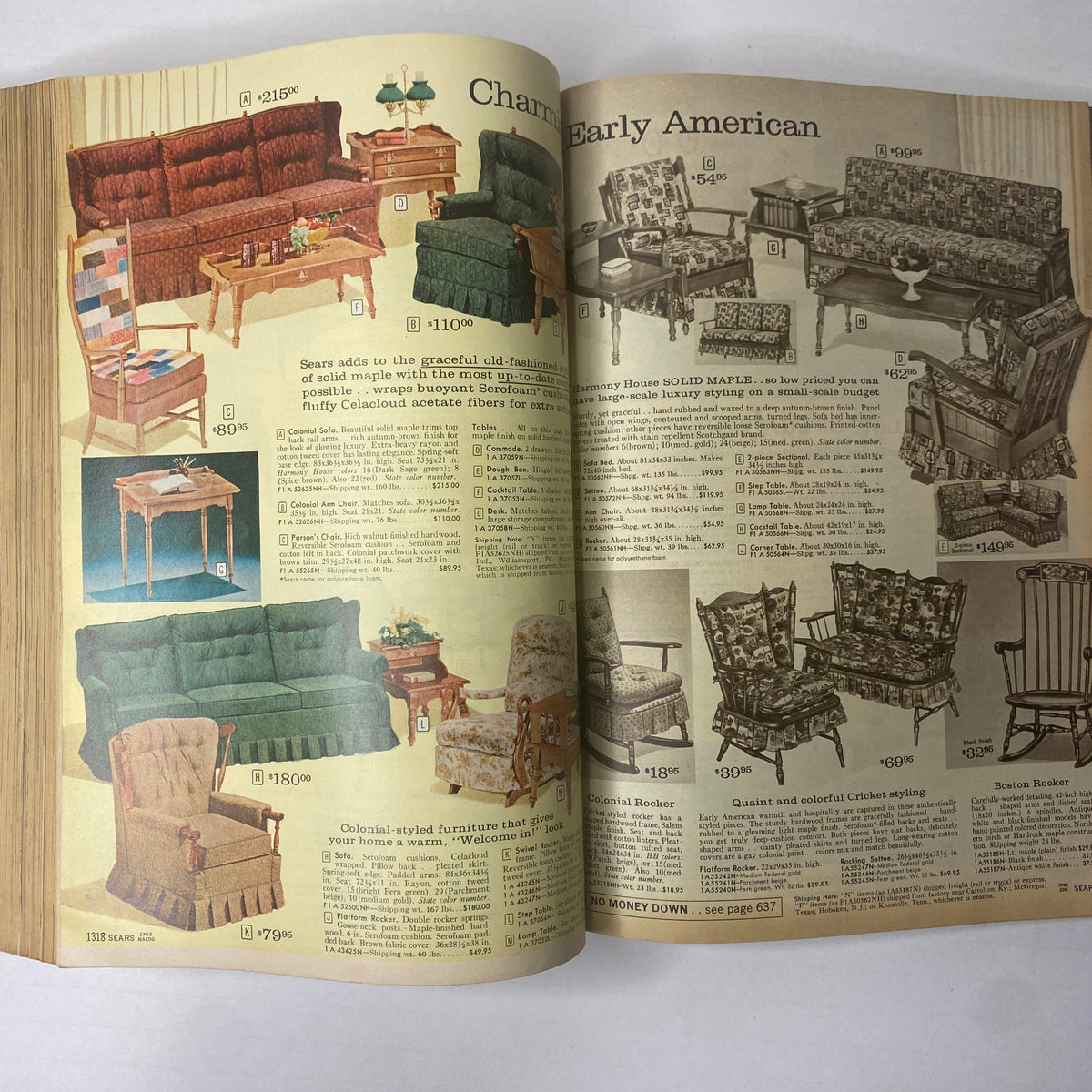Interior page from the 1963 Sears Classic Spring and Summer Catalog highlighting Charming Early American furniture selections with detailed pricing information.