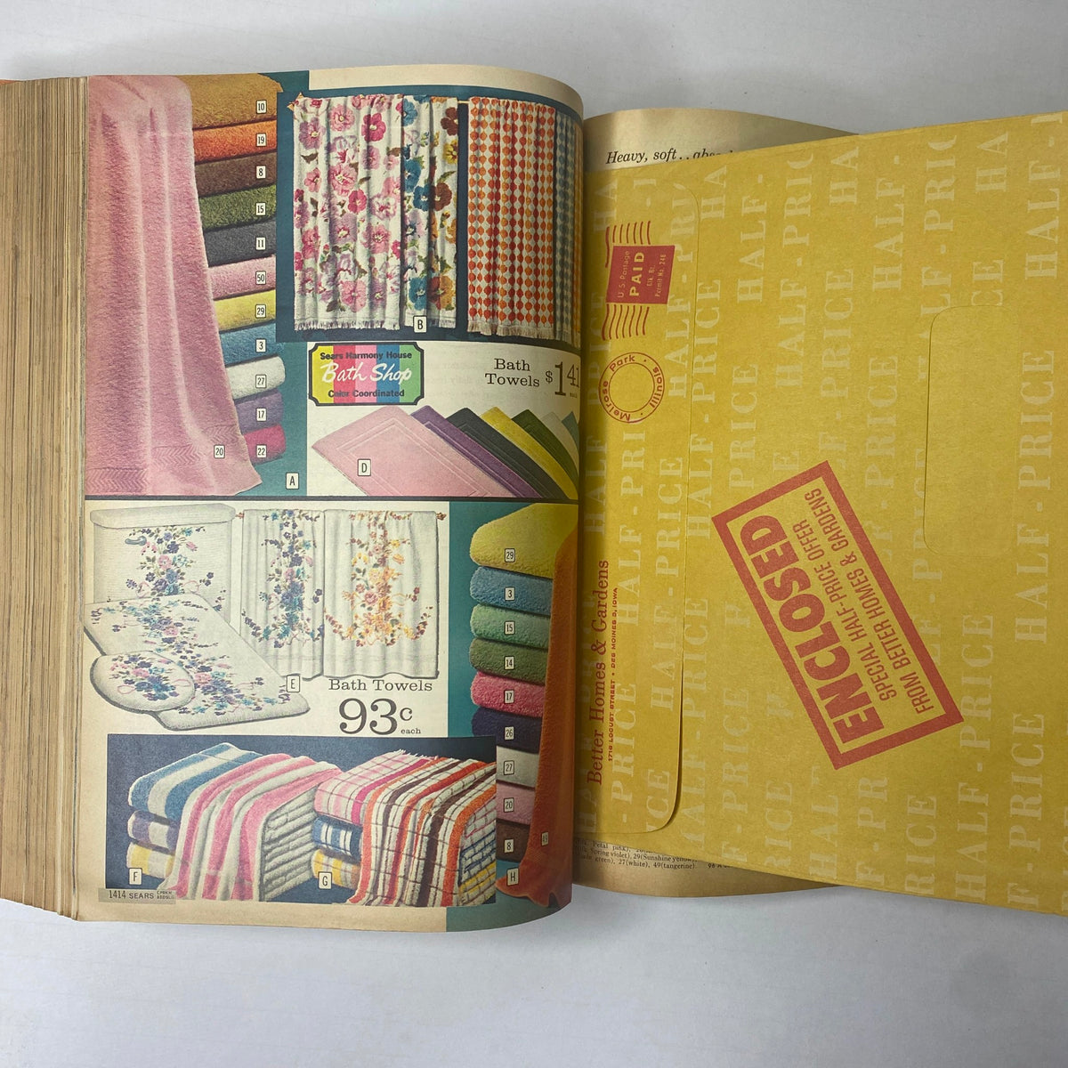 1963 Sears Classic Spring and Summer Catalog showcasing a variety of colorful bath towels, including floral patterns and vibrant hues, along with pricing details.