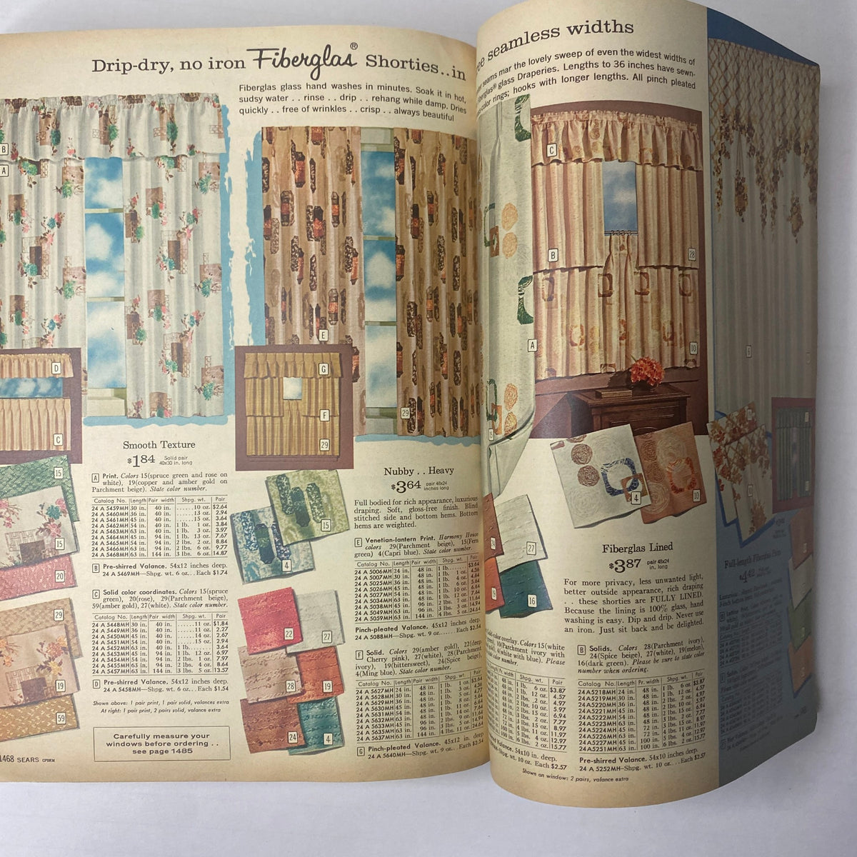 1963 Sears Classic Spring and Summer Catalog presenting various Fiberglas curtains displayed in elegant settings, highlighting their texture and features with pricing information.