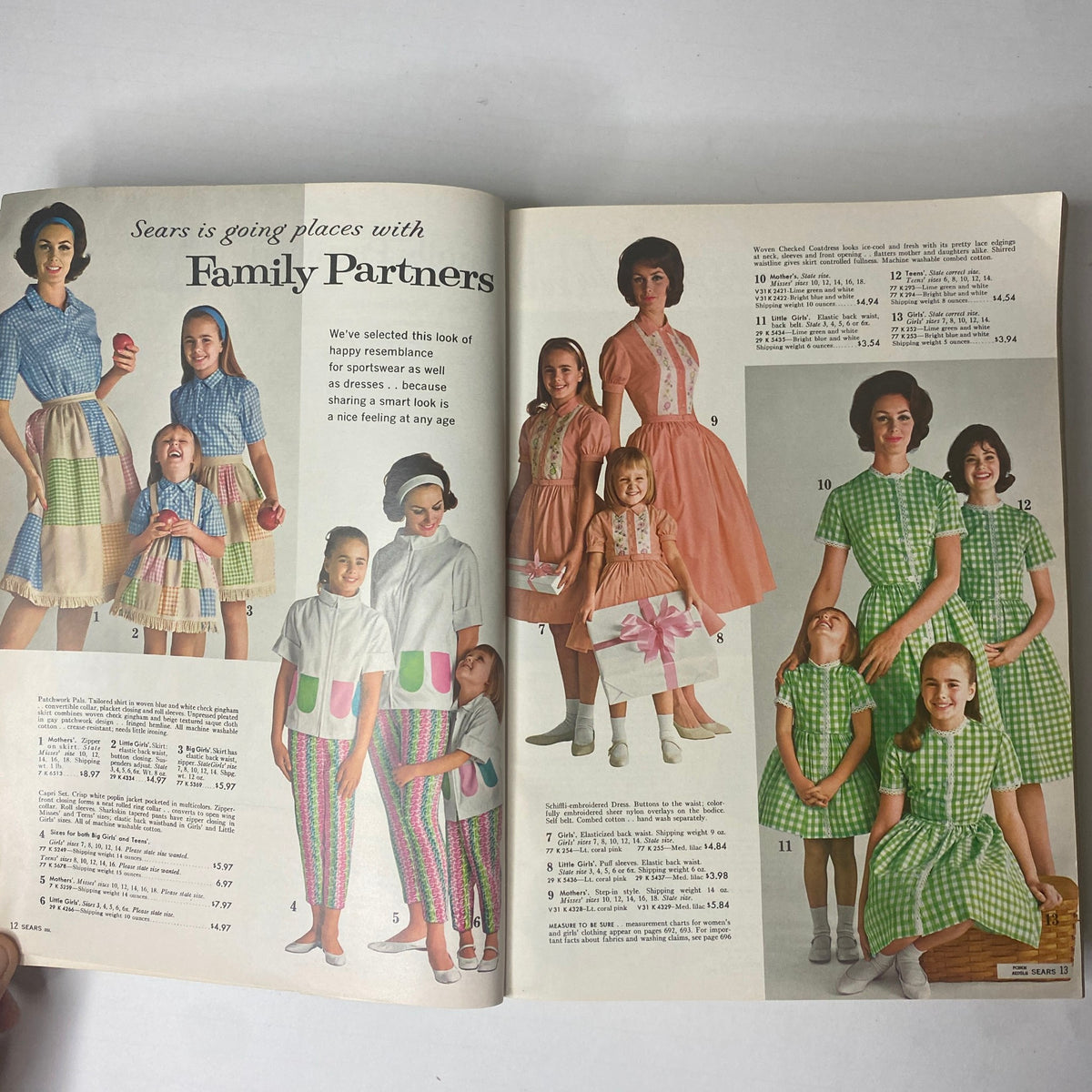 Page from the 1962 Sears Family Patterns Spring-Summer Catalog showcasing family-friendly clothing styles including dresses, skirts, and playful outfits for women and children.