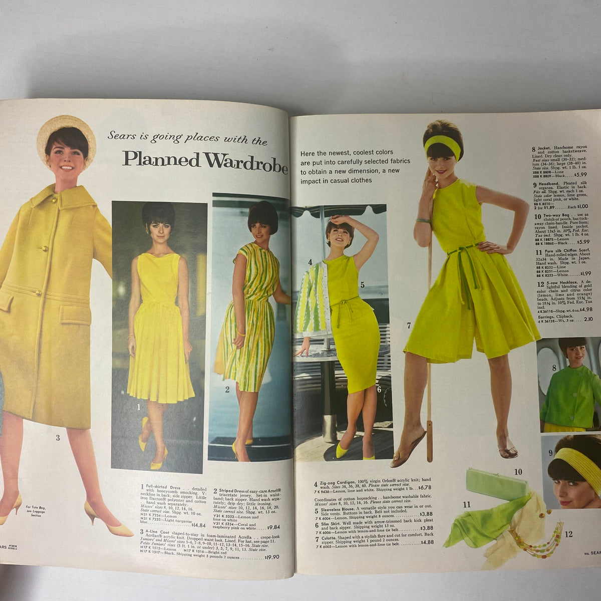 Fashion spread from the 1962 Sears Family Patterns Spring-Summer Catalog featuring bright yellow outfits and coordinated styles, perfect for warm-weather attire.