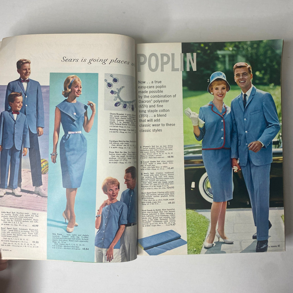 Outfits depicted in the 1962 Sears Family Patterns Spring-Summer Catalog highlighting stylish poplin clothing for men and women, emphasizing easy-care fabrics.