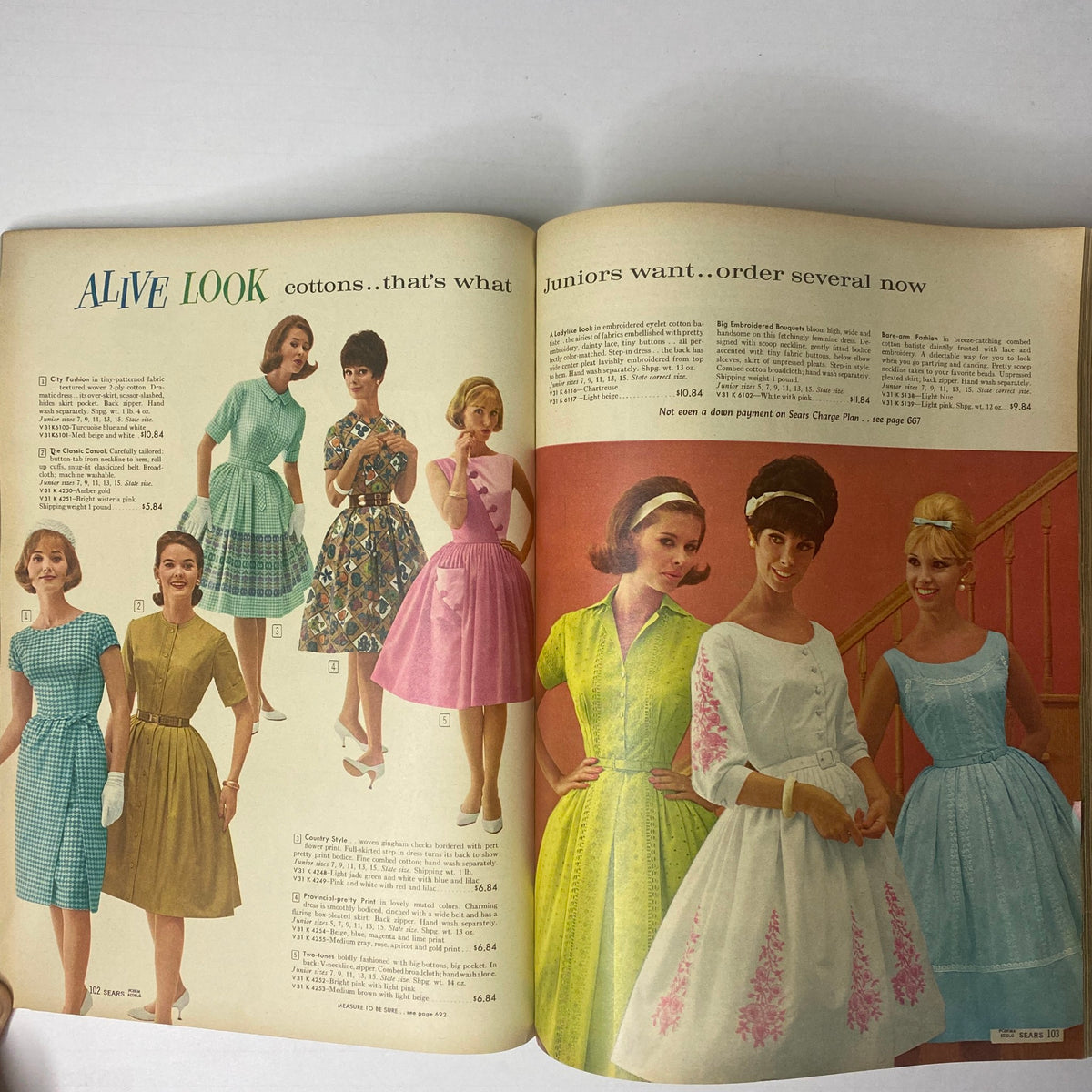 Vibrant selections from the 1962 Sears Family Patterns Spring-Summer Catalog showcasing dresses and cotton clothing geared toward juniors for a lively summer look.