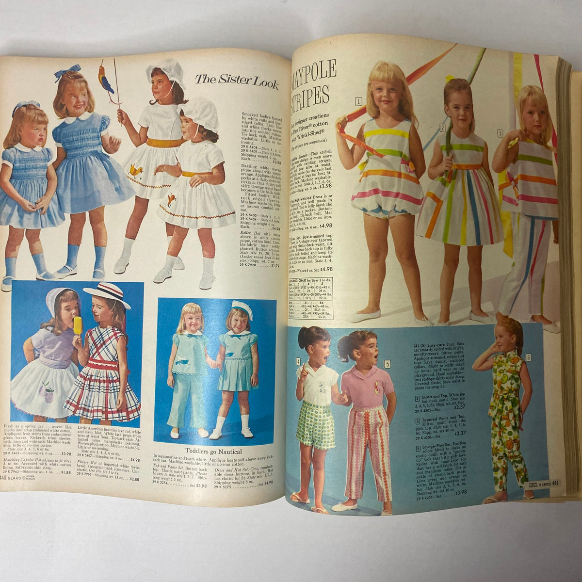 Children's fashion featuring playful and colorful outfits from the 1962 Sears Family Patterns Spring-Summer Catalog, emphasizing stylish designs for young girls.