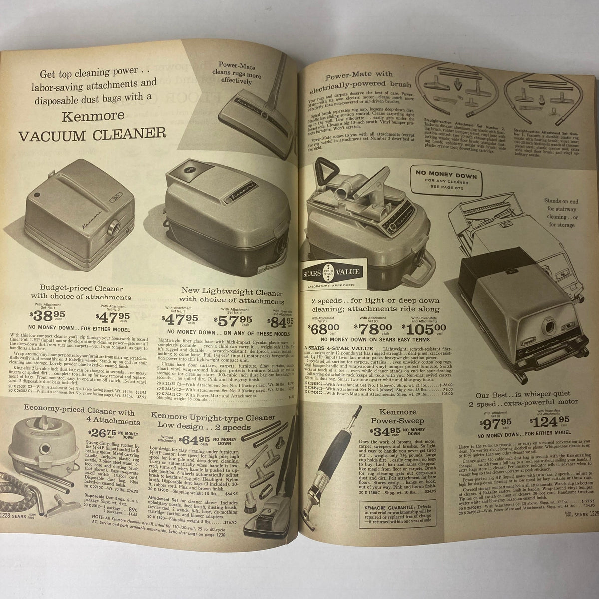 1962 Sears Family Patterns Spring - Summer Catalog illustrating Kenmore vacuum cleaners with diverse models, detailing features and prices, emphasizing cleanliness and efficiency for household tasks.