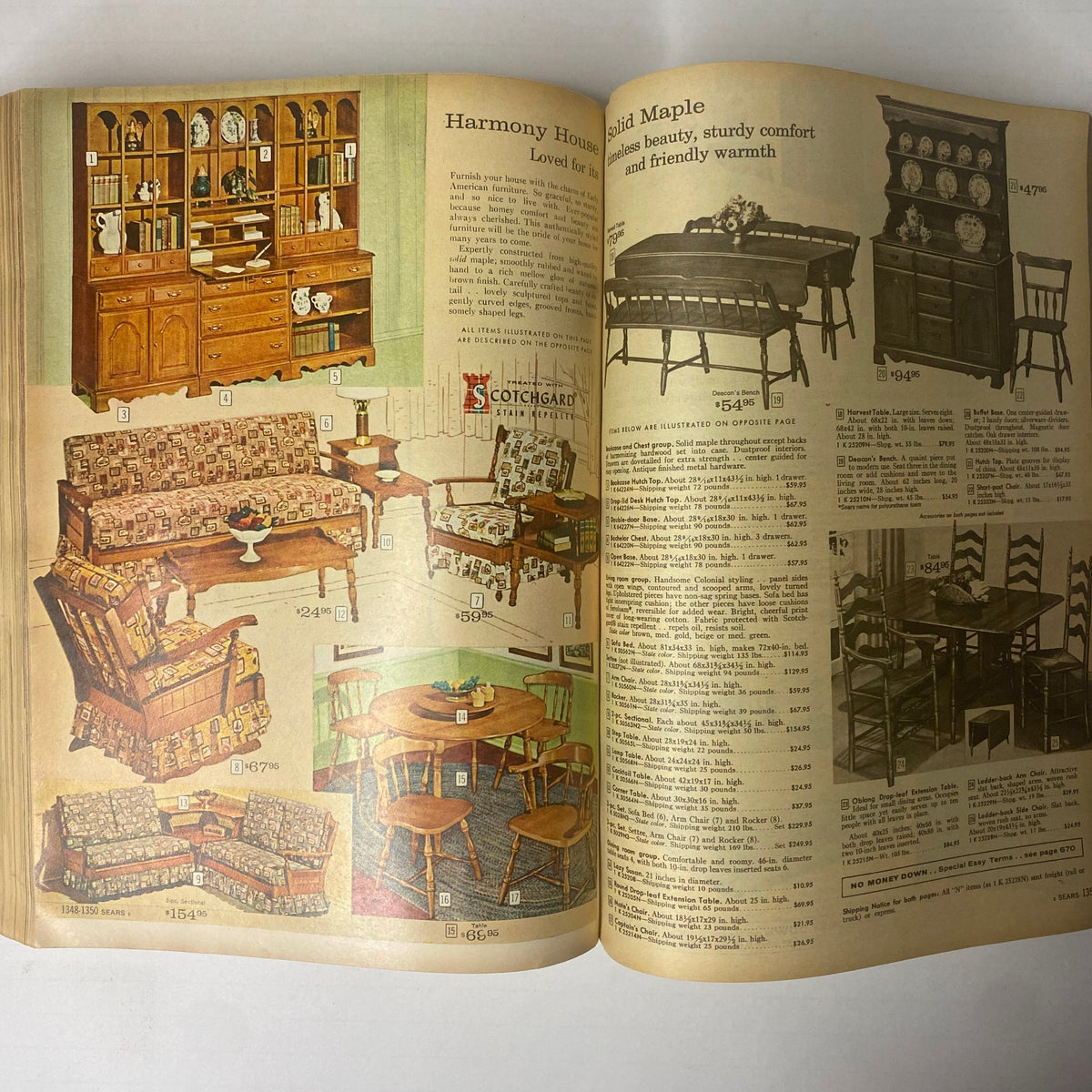 1962 Sears Family Patterns Spring-Summer Catalog page featuring home furniture selections including Harmony House sofas, tables, and cabinets with prices. Vintage furniture advertisement from the 1960s.