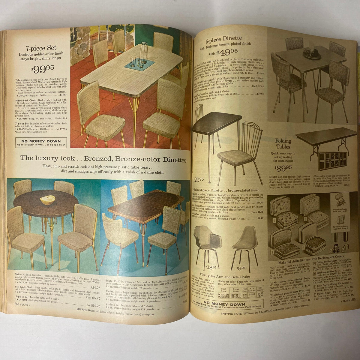 1962 Sears Family Patterns Spring-Summer Catalog page highlighting modern dinette sets and stylish folding tables with descriptions and prices. Vintage dining furniture advertisement.