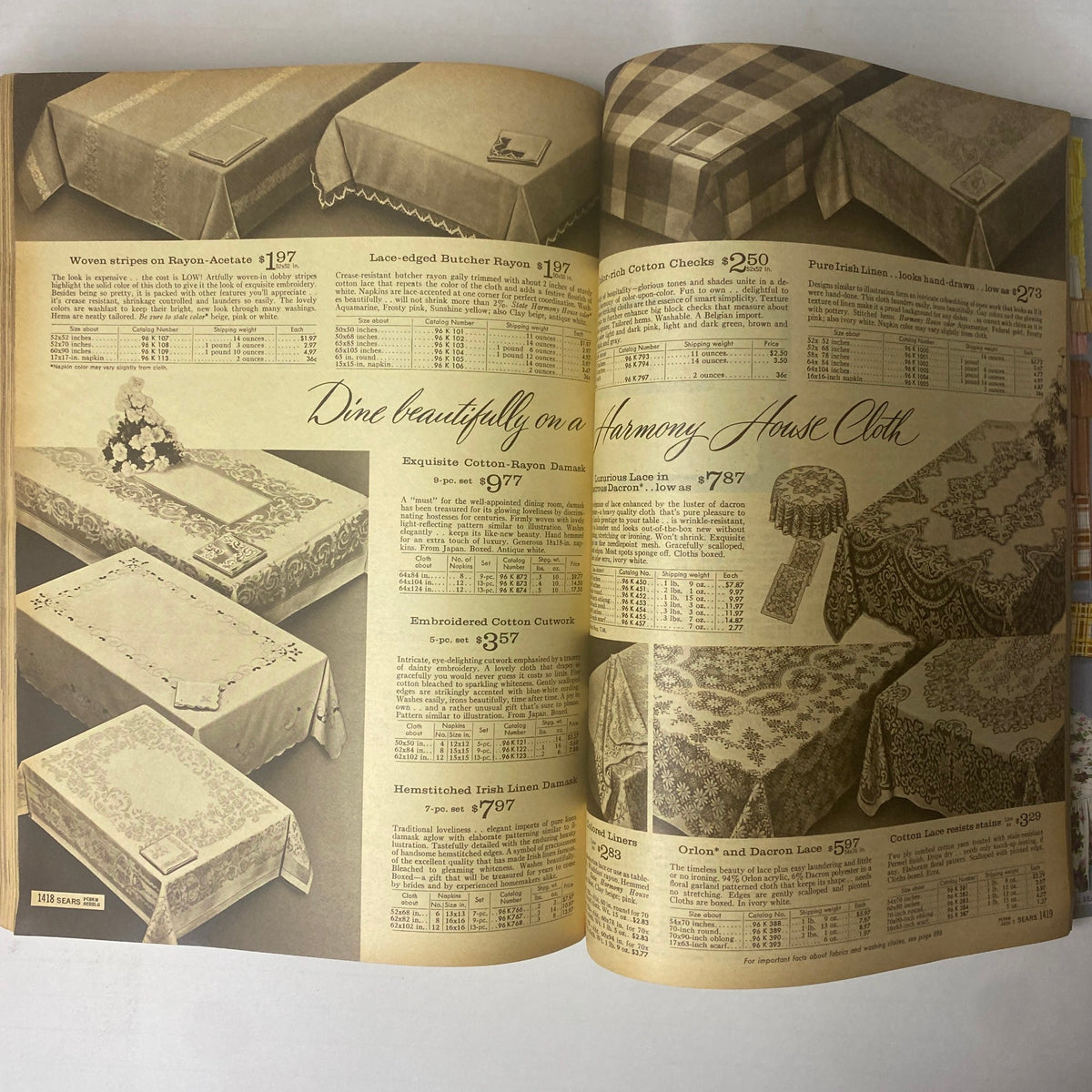 1962 Sears Family Patterns Spring-Summer Catalog page displaying an array of decorative table linens including cotton, lace, and embroidered options with pricing. Vintage textile advertisement.