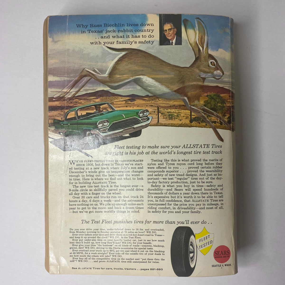 Back cover of the 1962 Sears Family Patterns Spring-Summer Catalog featuring a colorful illustration of a rabbit and a car, promoting Allstate tires with safety and performance assertions.