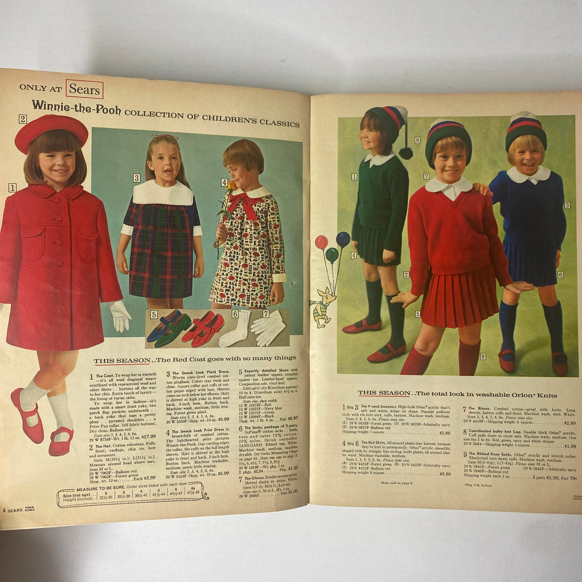 Interior pages of the 1966 Sears Classic Fall and Winter Catalog displaying the Winnie-the-Pooh collection with children's clothing items.