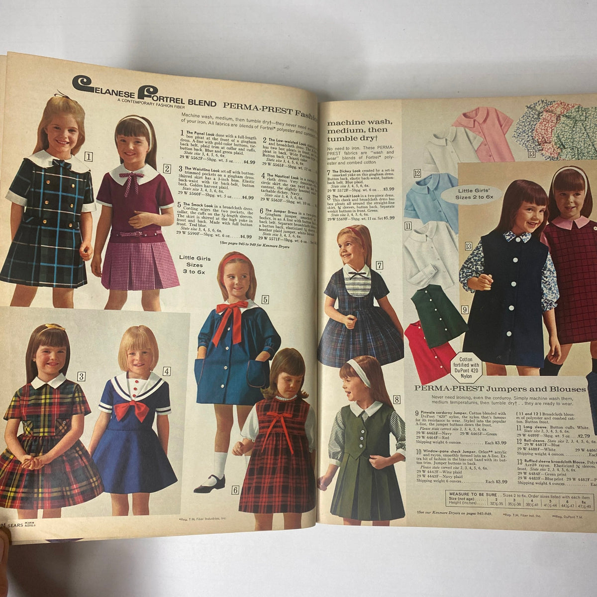 Interior pages from the 1966 Sears Classic Fall and Winter Catalog featuring children’s dresses and jumpers designed for girls.