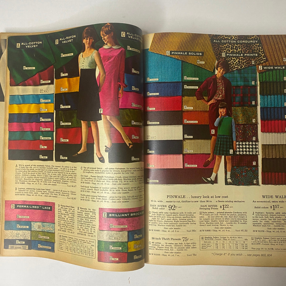 1966 Sears Classic Fall and Winter Catalog displaying various fabric swatches and options for vibrant dresses, showcasing textile trends of the 1960s.