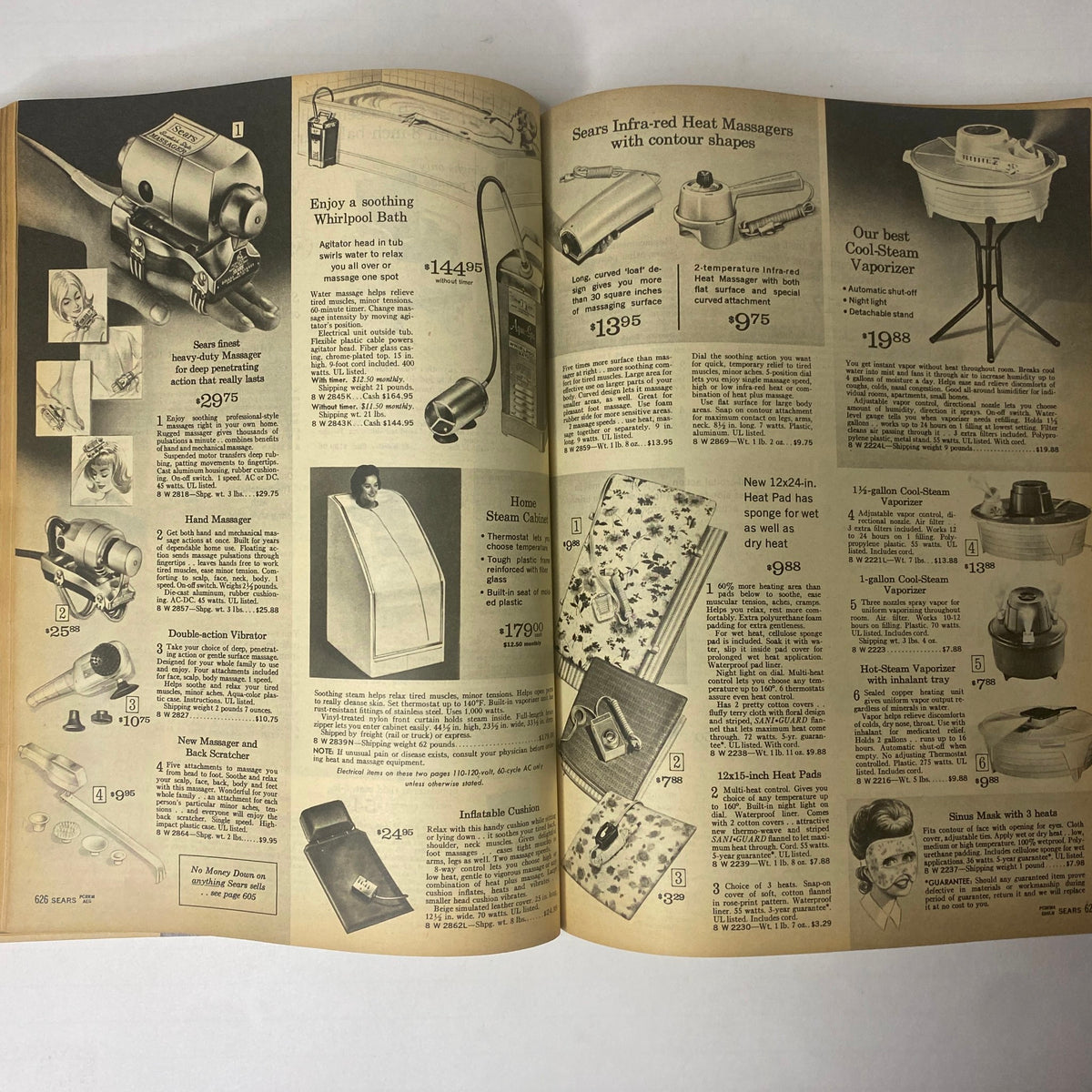 1966 Sears Classic Fall and Winter Catalog showcasing various home health and beauty products including whirlpool baths, steam cabinets, and heat massagers.