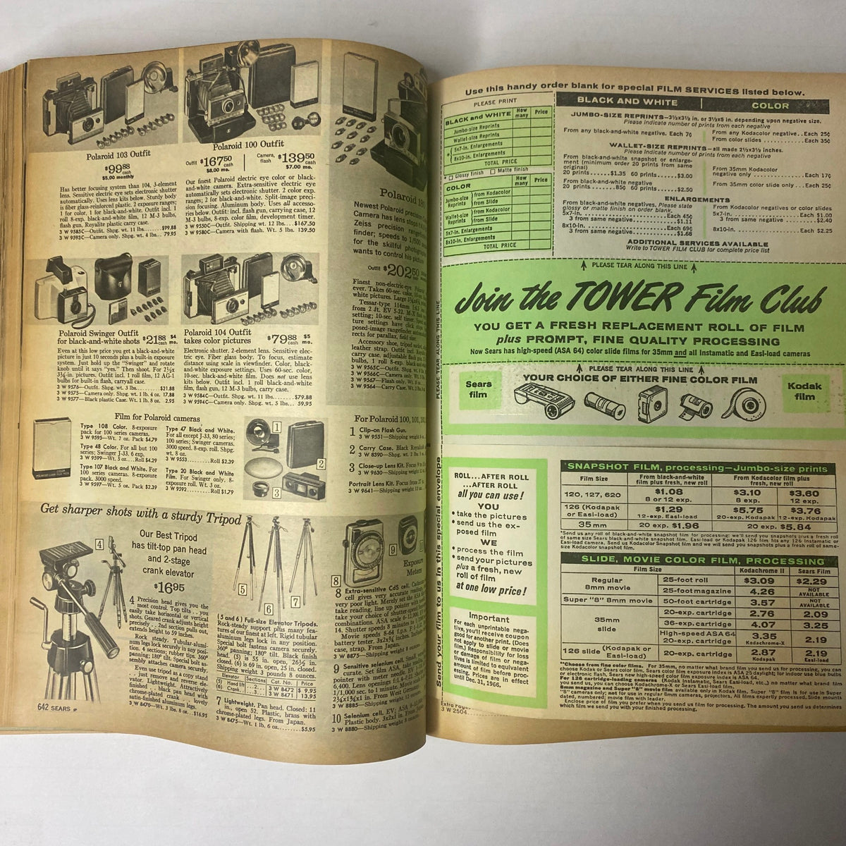 1966 Sears Classic Fall and Winter Catalog featuring Polaroid camera outfits and film processing services, illustrating accessories for photography enthusiasts.