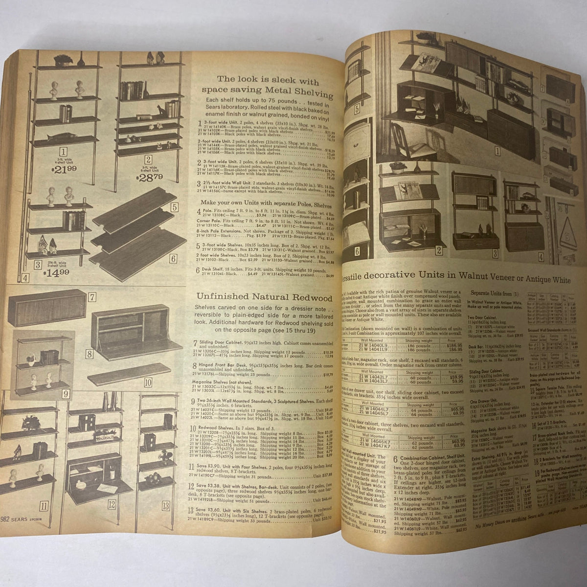 1966 Sears Classic Fall and Winter Catalog emphasizing stylish and functional metal shelving along with walnut veneer decorative units for modern homes.
