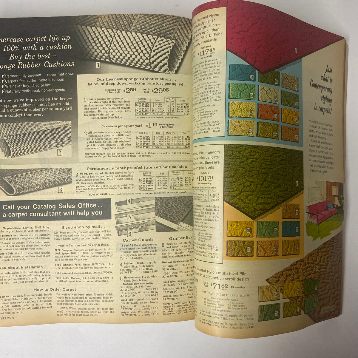Interior page of the 1966 Sears Classic Fall and Winter Catalog showcasing carpet products, prices, and descriptions for rubber cushions and contemporary carpet styles.