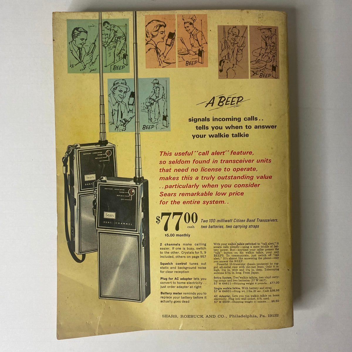 Back cover of the 1966 Sears Classic Fall and Winter Catalog illustrating a walkie talkie product with drawings and details about its features and pricing.