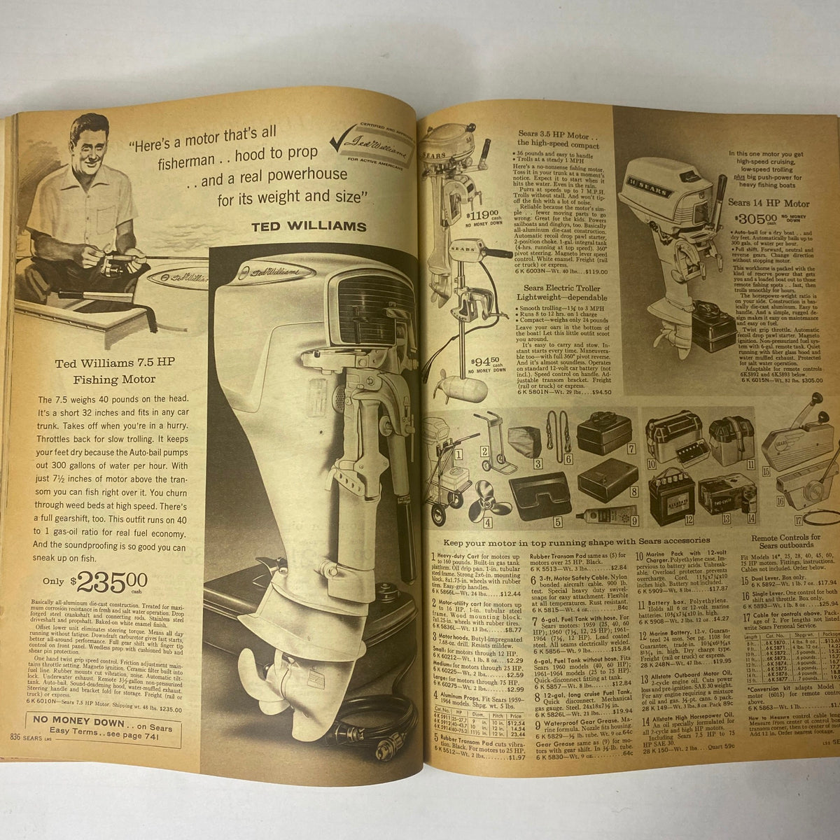 1964 Sears Mr. John Classic Hats Spring - Summer Catalog highlighting fishing motors with advertisements and illustrations, reflecting the outdoor equipment available in the 1960s.