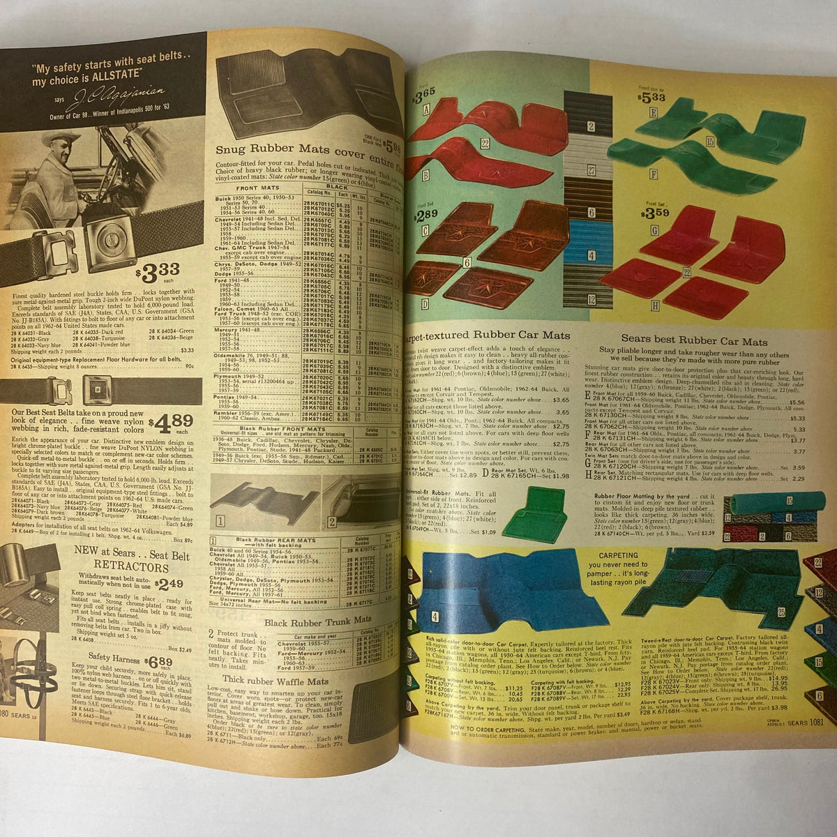 Illustration from the 1964 Sears Mr. John Classic Hats Spring - Summer Catalog showcasing various styles of rubber car mats, including prices and specifications.