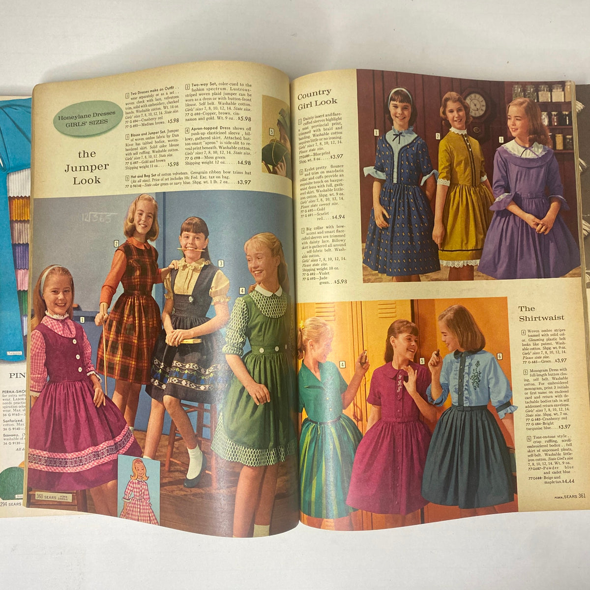 1961 Sears Fall and Winter Catalog showcasing children's dresses in various designs, including jumper styles and country girl looks, exemplifying mid-century fashion.