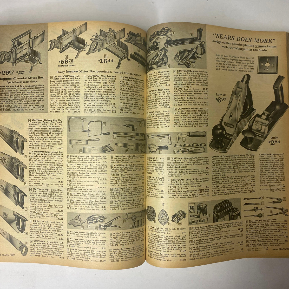 1961 Sears Fall and Winter Catalog illustrating various woodworking tools and accessories from Craftsman, showcasing innovative home improvement products of that era.